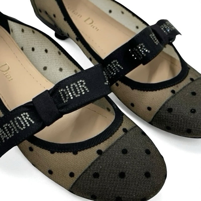 クリスチャンディオール CHRISTIAN DIOR JADIOR フラットシューズ 靴 シューズ メッシュ ファブリック ブラック 黒 ロゴ ドット リボン ラインストーン ストラップ バレエシューズ フラットパンプス