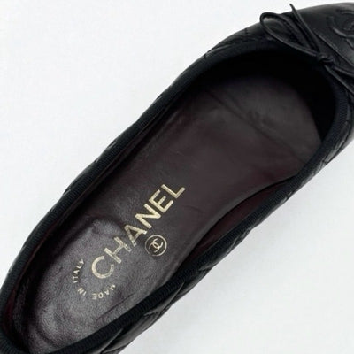 シャネル CHANEL フラットシューズ 靴 シューズ レザー ブラック 黒 バレエシューズ バレリーナ ココマーク リボン マトラッセ