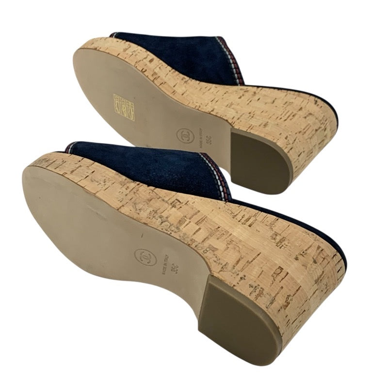 シャネル CHANEL サンダル 靴 シューズ スエード コルク ネイビー マルチカラー ココマーク ウェッジソール