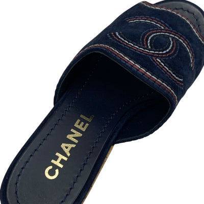 シャネル CHANEL サンダル 靴 シューズ スエード コルク ネイビー マルチカラー ココマーク ウェッジソール