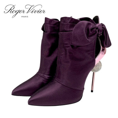 Roger Vivier Boots, Short Boots, Shoes, Satin, Leather, Purple, Metallic Pink, Mirror Ball, Rhinestone, Swarovski Ribbon