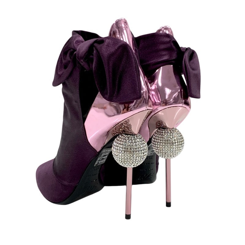 Roger Vivier Boots, Short Boots, Shoes, Satin, Leather, Purple, Metallic Pink, Mirror Ball, Rhinestone, Swarovski Ribbon