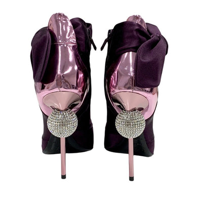 Roger Vivier Boots, Short Boots, Shoes, Satin, Leather, Purple, Metallic Pink, Mirror Ball, Rhinestone, Swarovski Ribbon