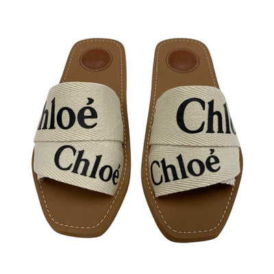 クロエ Chloe Woody サンダル 靴 シューズ ファブリック アイボリー ブラウン フラットサンダル ミュール ロゴ