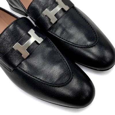 エルメス HERMES パリ ローファー 革靴 靴 シューズ レザー ブラック 黒 シルバー H金具 モカシン フラットシューズ
