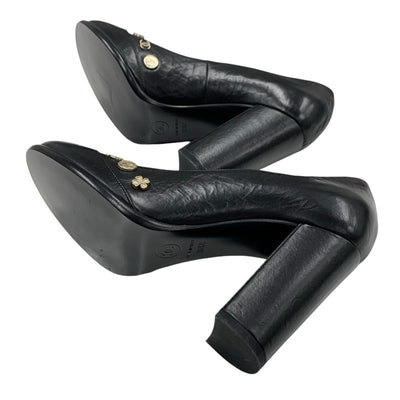 シャネル CHANEL パンプス 靴 シューズ レザー ブラック 黒 ゴールド アイコン カメリア ココマーク シワ加工