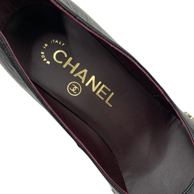 シャネル CHANEL パンプス 靴 シューズ レザー ブラック 黒 ゴールド アイコン カメリア ココマーク シワ加工