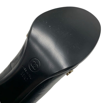 シャネル CHANEL パンプス 靴 シューズ レザー ブラック 黒 ゴールド アイコン カメリア ココマーク シワ加工