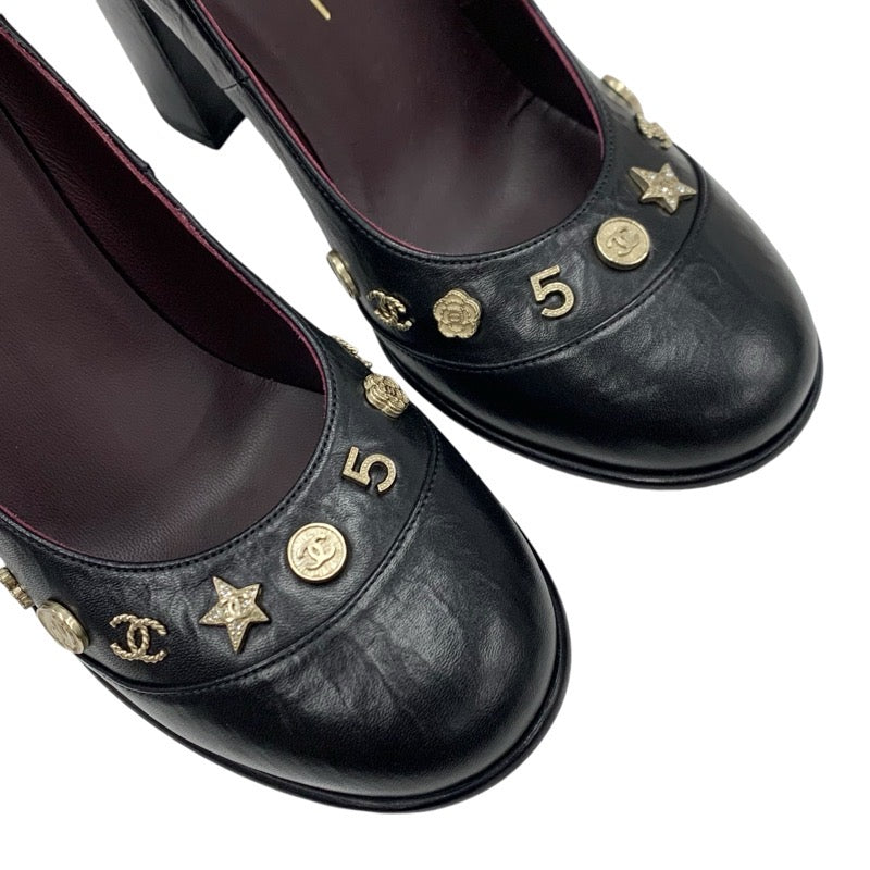 シャネル CHANEL パンプス 靴 シューズ レザー ブラック 黒 ゴールド アイコン カメリア ココマーク シワ加工