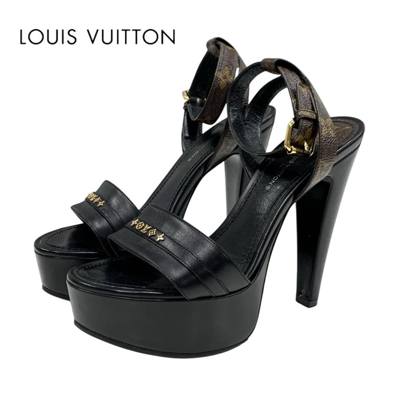 ルイヴィトン LOUIS VUITTON アフターグローライン モノグラム サンダル 靴 シューズ レザー ブラック ブラウン ゴールド スタッズ プラットフォーム アンクルストラップ