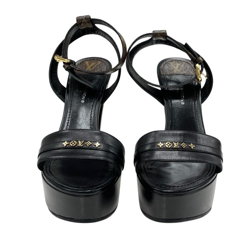 ルイヴィトン LOUIS VUITTON アフターグローライン モノグラム サンダル 靴 シューズ レザー ブラック ブラウン ゴールド スタッズ プラットフォーム アンクルストラップ