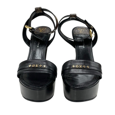 ルイヴィトン LOUIS VUITTON アフターグローライン モノグラム サンダル 靴 シューズ レザー ブラック ブラウン ゴールド スタッズ プラットフォーム アンクルストラップ