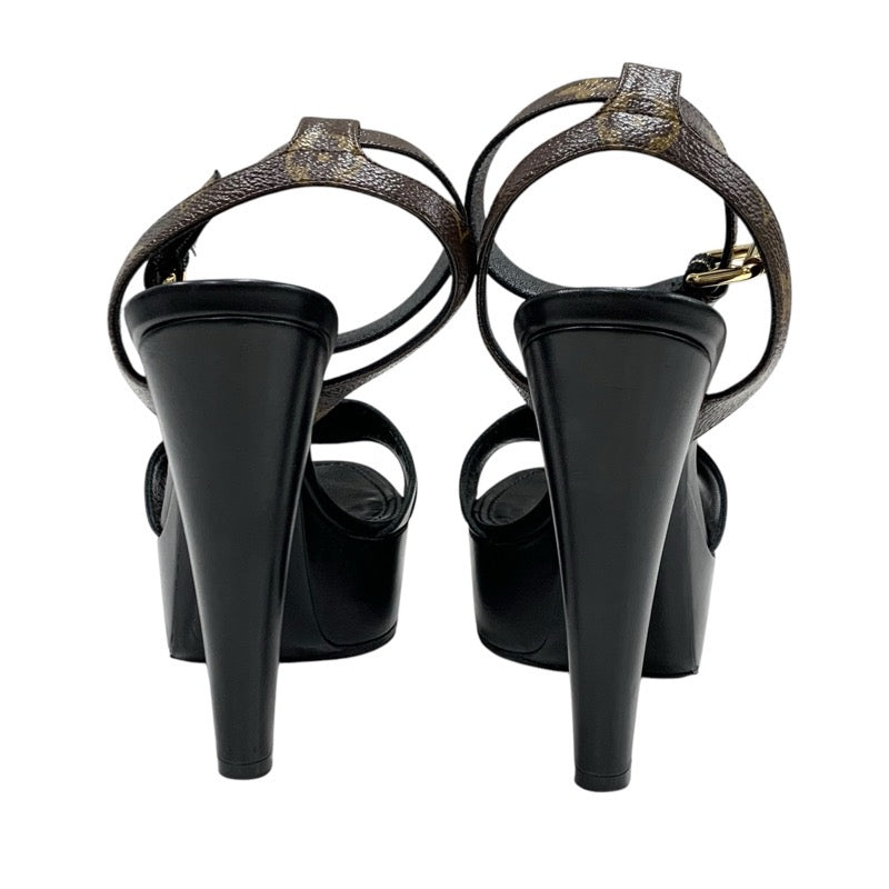 ルイヴィトン LOUIS VUITTON アフターグローライン モノグラム サンダル 靴 シューズ レザー ブラック ブラウン ゴールド スタッズ プラットフォーム アンクルストラップ