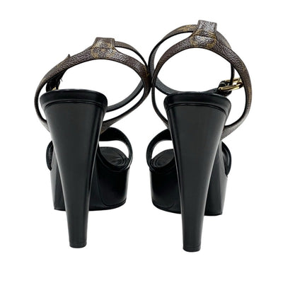 ルイヴィトン LOUIS VUITTON アフターグローライン モノグラム サンダル 靴 シューズ レザー ブラック ブラウン ゴールド スタッズ プラットフォーム アンクルストラップ