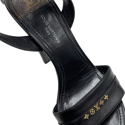ルイヴィトン LOUIS VUITTON アフターグローライン モノグラム サンダル 靴 シューズ レザー ブラック ブラウン ゴールド スタッズ プラットフォーム アンクルストラップ