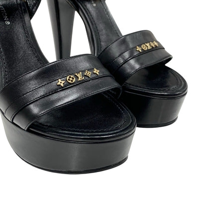 ルイヴィトン LOUIS VUITTON アフターグローライン モノグラム サンダル 靴 シューズ レザー ブラック ブラウン ゴールド スタッズ プラットフォーム アンクルストラップ
