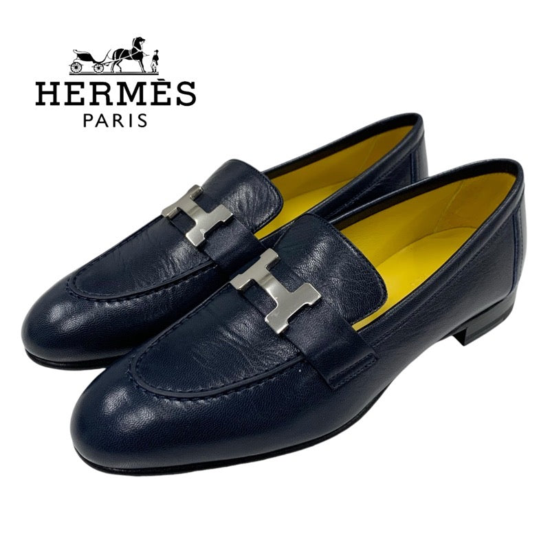 Hermes Paris loafers leather shoes shoes leather navy silver constance moccasin flat shoes