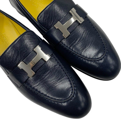 Hermes Paris loafers leather shoes shoes leather navy silver constance moccasin flat shoes