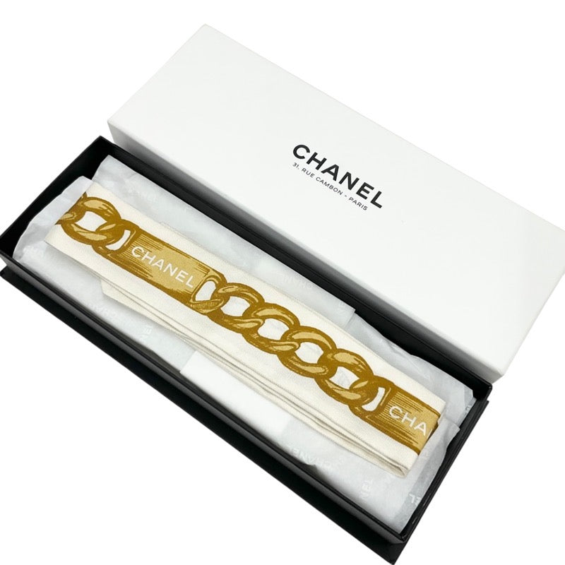 Chanel Hair Accessories Ivory Brown Logo Chain Scarf Hair Band