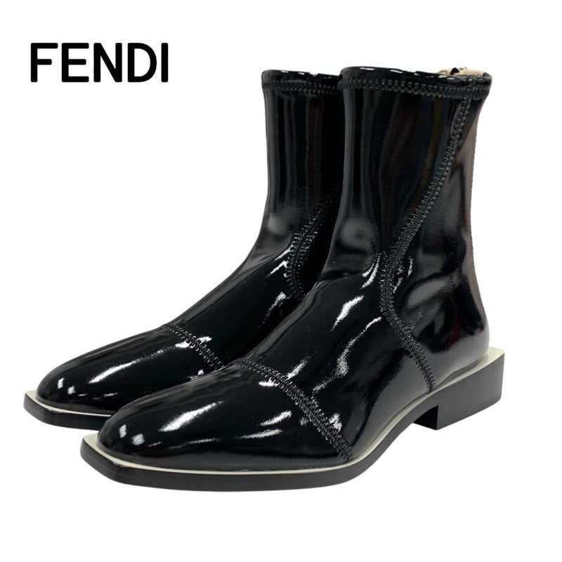 FENDI Boots, Short Boots, Shoes, Patent Black, Beige, Black, Unused, Back Zip