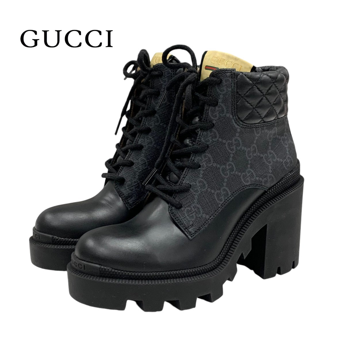 グッチ GUCCI ブーツ ショートブーツ 靴 シューズ レザー ブラック 黒 GGスプリーム レースアップ