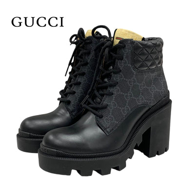 Gucci Boots, Short Boots, Shoes, Leather, Black, GG Supreme, Lace Up