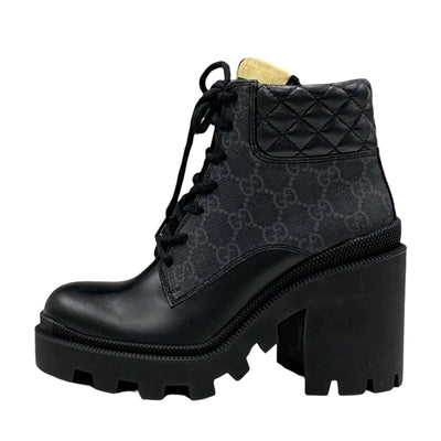 Gucci Boots, Short Boots, Shoes, Leather, Black, GG Supreme, Lace Up