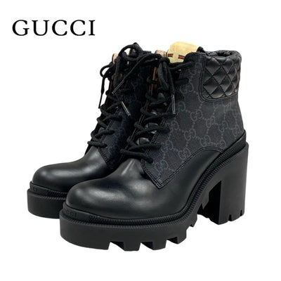 Gucci Boots, Short Boots, Shoes, Leather, Black, GG Supreme, Lace Up