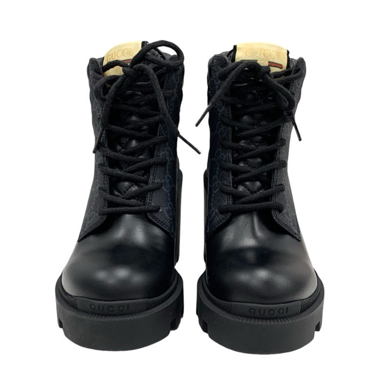 Gucci Boots, Short Boots, Shoes, Leather, Black, GG Supreme, Lace Up