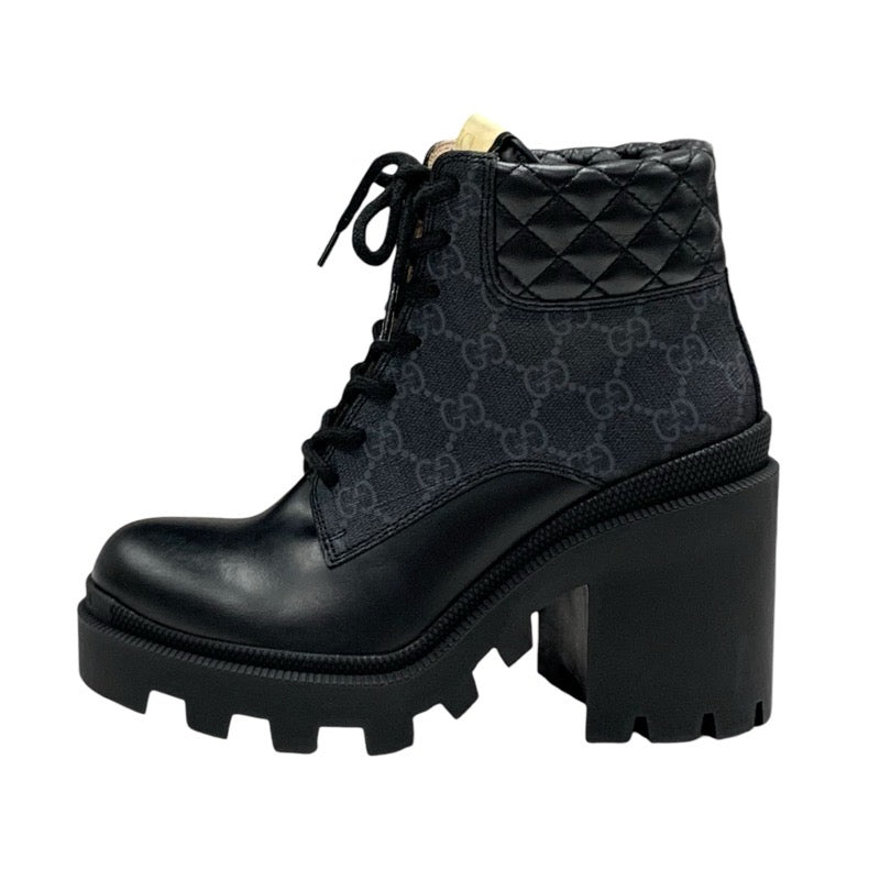 Gucci Boots, Short Boots, Shoes, Leather, Black, GG Supreme, Lace Up