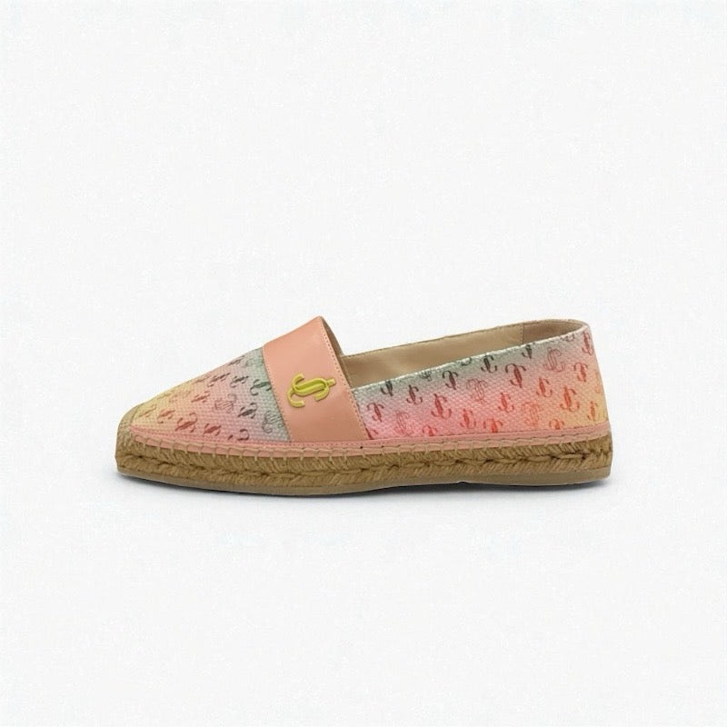 ジミーチュウ JIMMY CHOO フラットシューズ 靴 シューズ キャンバス レザー ピンク系 マルチカラー 未使用 エスパドリーユ ロゴ グラデーション