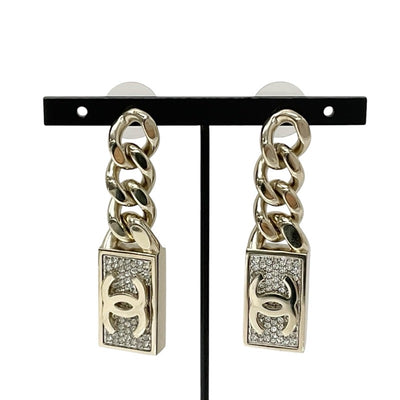 Chanel Earrings Gold Coco Mark Chain Rhinestone