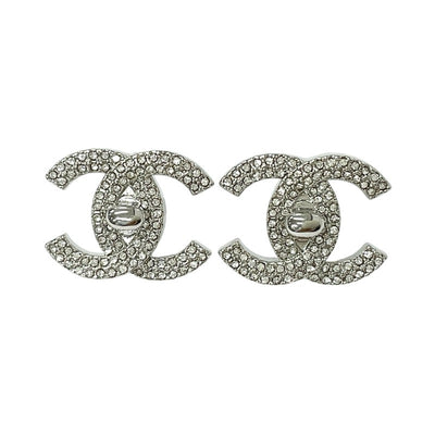 Chanel Earrings Silver Coco Mark Turnlock Rhinestone