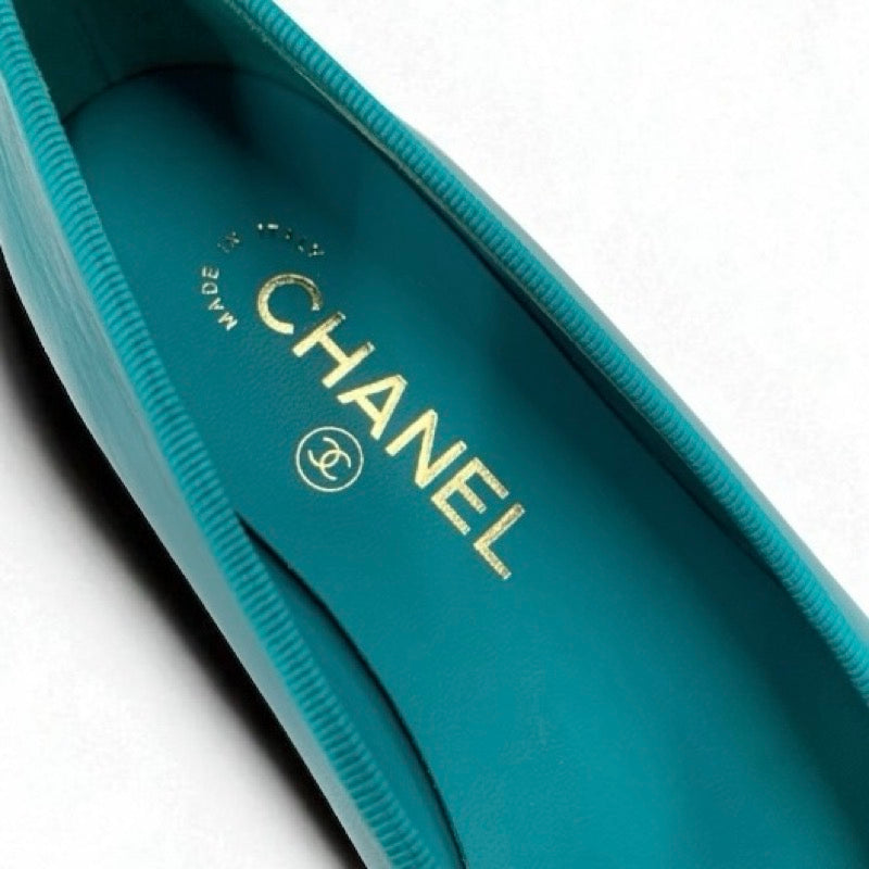 シャネル CHANEL フラットシューズ 靴 シューズ レザー グリーン系 バレエシューズ バレリーナ ココマーク リボン