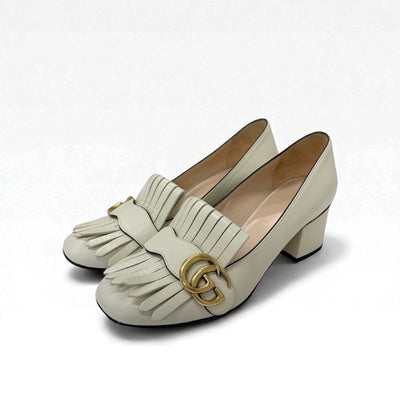 グッチ GUCCI ダブルG パンプス 靴 シューズ レザー アイボリー ゴールド GGマーモント フリンジ