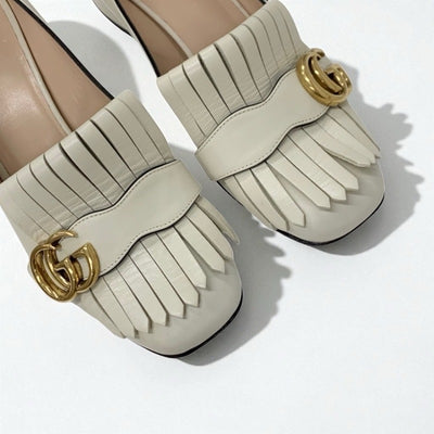 グッチ GUCCI ダブルG パンプス 靴 シューズ レザー アイボリー ゴールド GGマーモント フリンジ