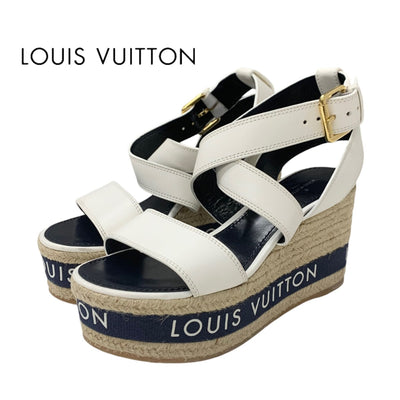 ルイヴィトン LOUIS VUITTON バウンダリ―ライン サンダル 靴 シューズ レザー ホワイト ネイビー 白 ロゴ ウェッジソール アンクルストラップ