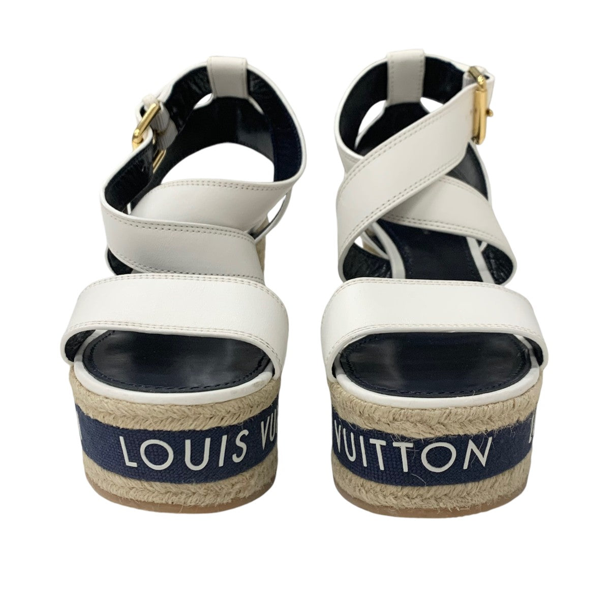 ルイヴィトン LOUIS VUITTON バウンダリ―ライン サンダル 靴 シューズ レザー ホワイト ネイビー 白 ロゴ ウェッジソール アンクルストラップ