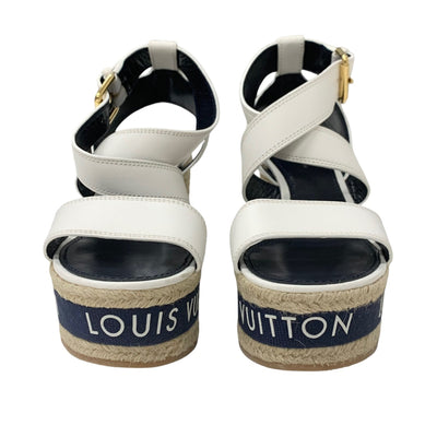 ルイヴィトン LOUIS VUITTON バウンダリ―ライン サンダル 靴 シューズ レザー ホワイト ネイビー 白 ロゴ ウェッジソール アンクルストラップ