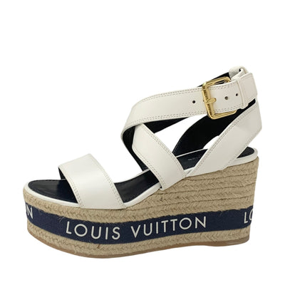 ルイヴィトン LOUIS VUITTON バウンダリ―ライン サンダル 靴 シューズ レザー ホワイト ネイビー 白 ロゴ ウェッジソール アンクルストラップ