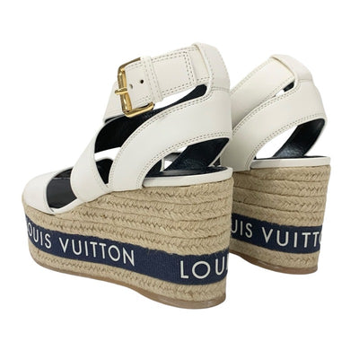 ルイヴィトン LOUIS VUITTON バウンダリ―ライン サンダル 靴 シューズ レザー ホワイト ネイビー 白 ロゴ ウェッジソール アンクルストラップ