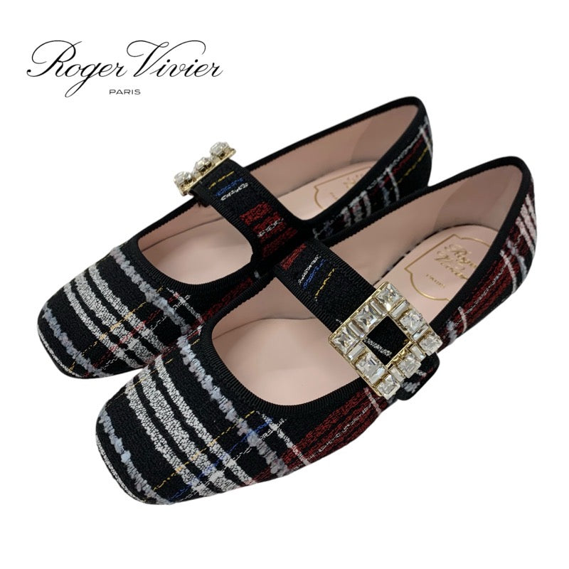 ロジェヴィヴィエ Roger Vivier トレヴィヴィエ フラットシューズ 靴 シューズ ファブリック ブラック ホワイト レッド 未使用 バレリーナ ストラスバックル ビジュー チェック ストラップ