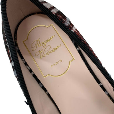 ロジェヴィヴィエ Roger Vivier トレヴィヴィエ フラットシューズ 靴 シューズ ファブリック ブラック ホワイト レッド 未使用 バレリーナ ストラスバックル ビジュー チェック ストラップ