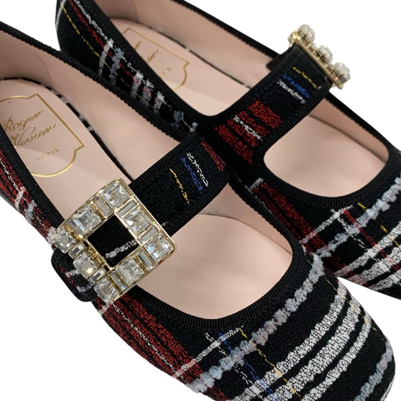 ロジェヴィヴィエ Roger Vivier トレヴィヴィエ フラットシューズ 靴 シューズ ファブリック ブラック ホワイト レッド 未使用 バレリーナ ストラスバックル ビジュー チェック ストラップ