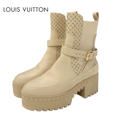 LOUIS VUITTON Lauriat Line Monogram Boots Short Boots Shoes Leather Suede Beige Gold Ankle Boots Side Gore Logo