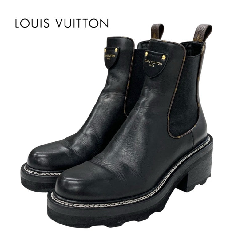 Louis Vuitton LOUIS VUITTON Bobour Line Monogram Boots Short Boots Shoes Leather Black Ankle Boots Side Gore Logo