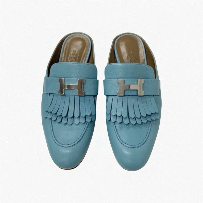 エルメス HERMES リヴォリ サンダル 靴 シューズ レザー ライトブルー シルバー H金具 コンスタンス フリンジ ミュール