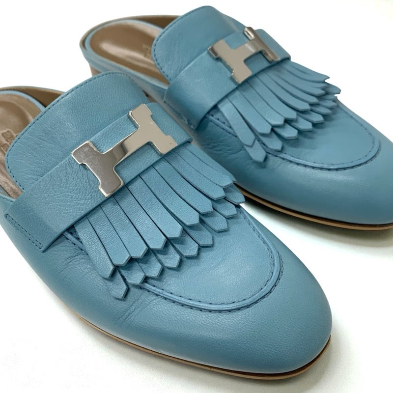 エルメス HERMES リヴォリ サンダル 靴 シューズ レザー ライトブルー シルバー H金具 コンスタンス フリンジ ミュール