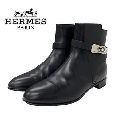 Hermes Neo Boots Short Boots Shoes Leather Black Silver Kelly Metal Fittings