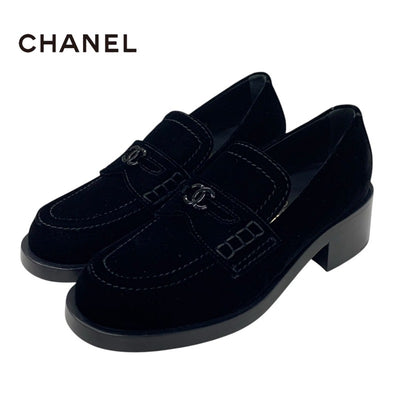 Chanel CHANEL loafers leather shoes shoes velvet black velour coco mark